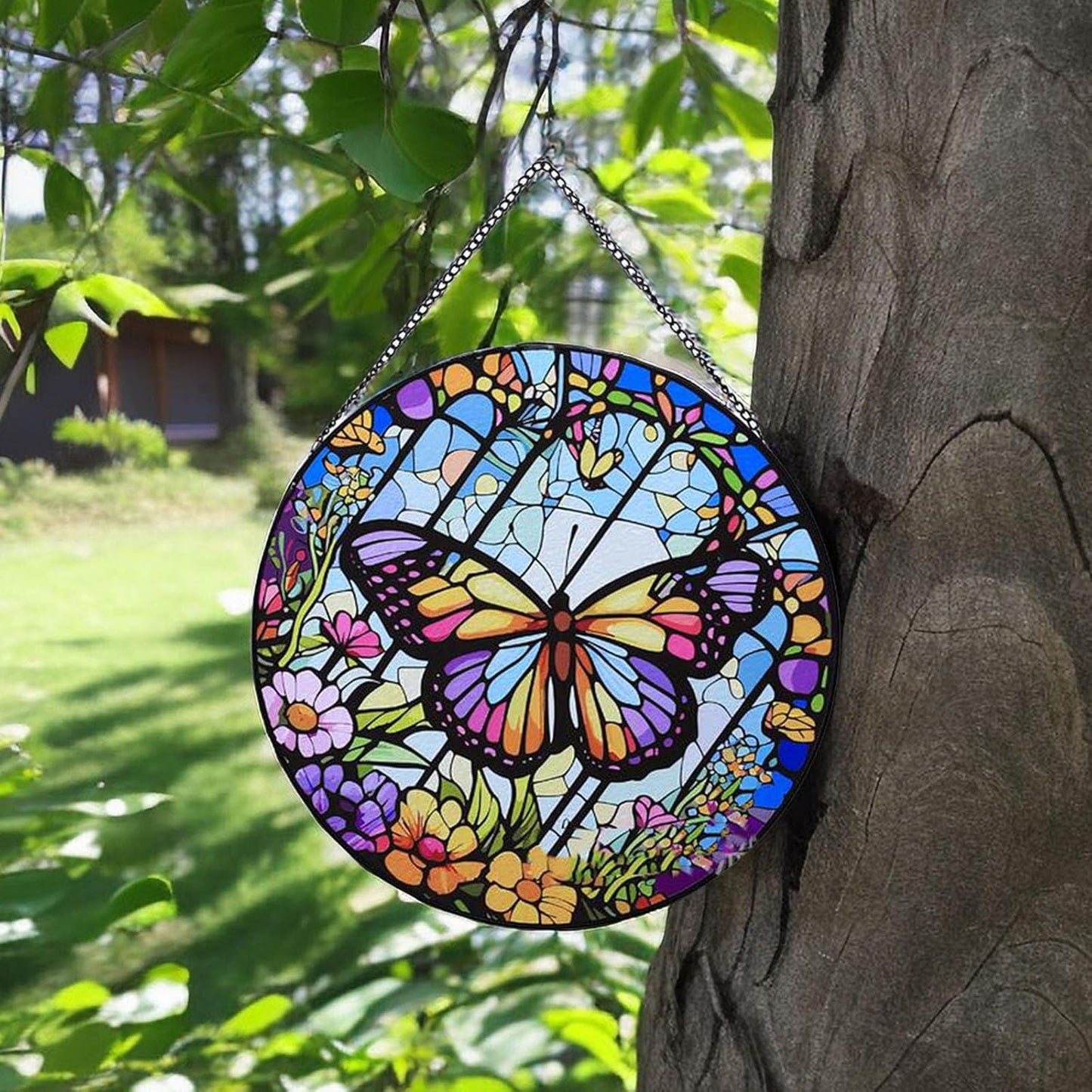 Colored Glass Suncatcher Butterfly Glass Pendant - Circular High End Color Accessories for Bedroom and Living Room (Sun-52)