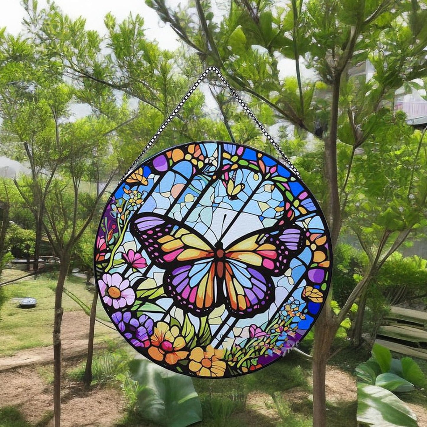 Colored Glass Suncatcher Butterfly Glass Pendant - Circular High End Color Accessories for Bedroom and Living Room (Sun-52)