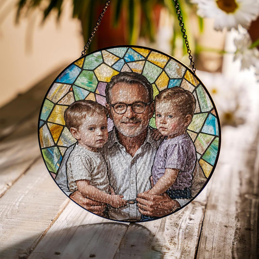 Personalized Dad Stained Glass Suncatcher, Photo Family Portrait Faux Window Hanging Ornament, Custom Photo Gift for Dad from Son Daughter (Sun-136)