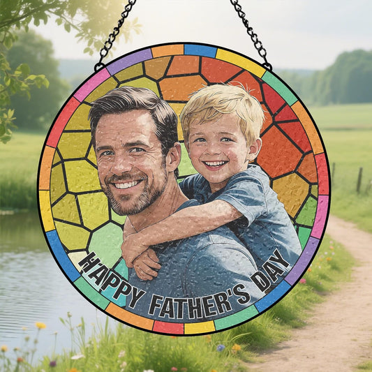 Personalized Stained Glass Suncatcher, Custom Gifts for Fathers Day, Photo Family Portrait Window Ornament, Heartfelt Gifts with Picture for Dad Grandpa Husband (Sun-137)