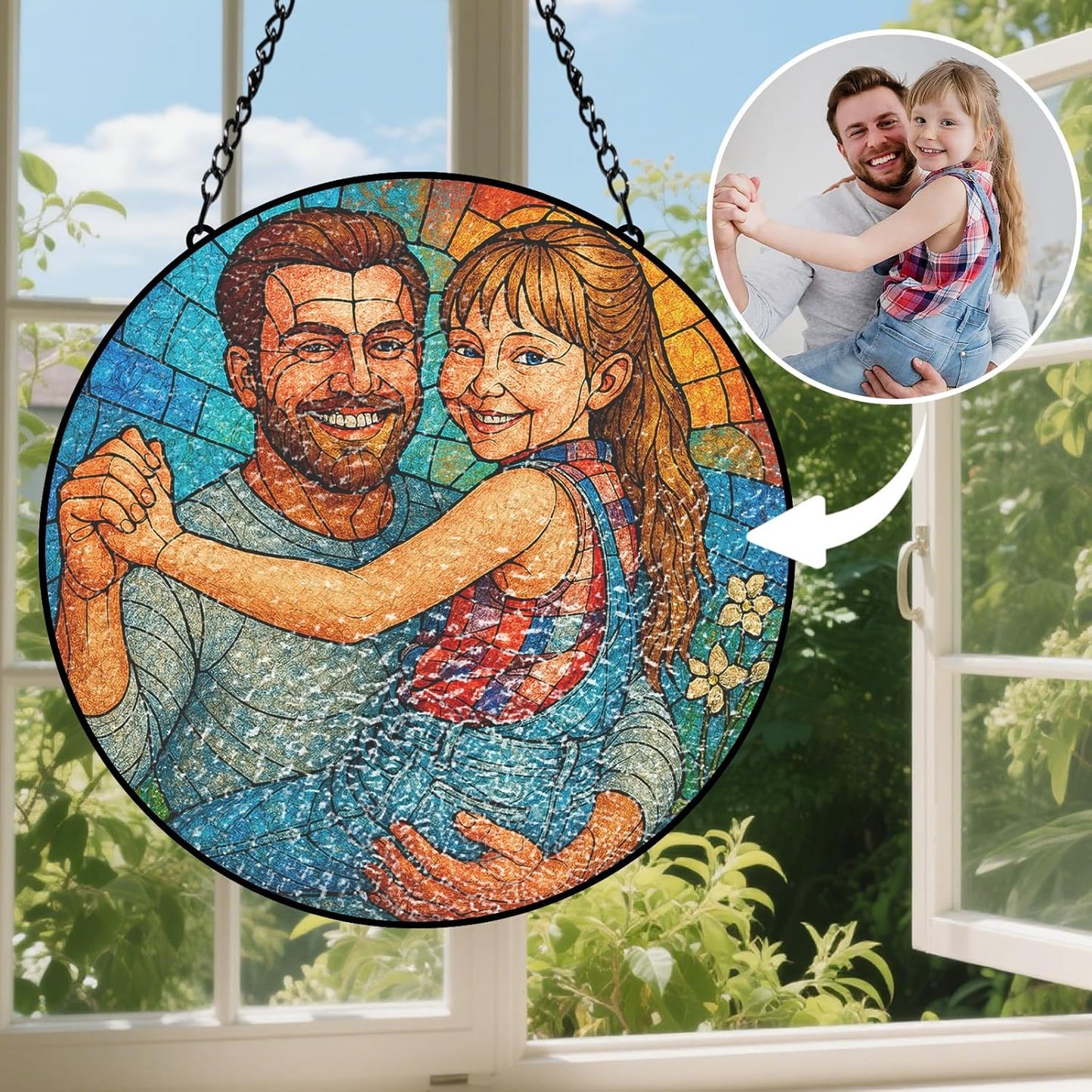 Personalized Photo Stained Glass Suncatcher, Custom Family Portrait Window Hanging Ornament, Picture Window Suncatcher Home Decoration, Grandpa Father Gifts (Sun-135)