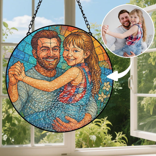 Personalized Photo Stained Glass Suncatcher, Custom Family Portrait Window Hanging Ornament, Picture Window Suncatcher Home Decoration, Grandpa Father Gifts (Sun-135)
