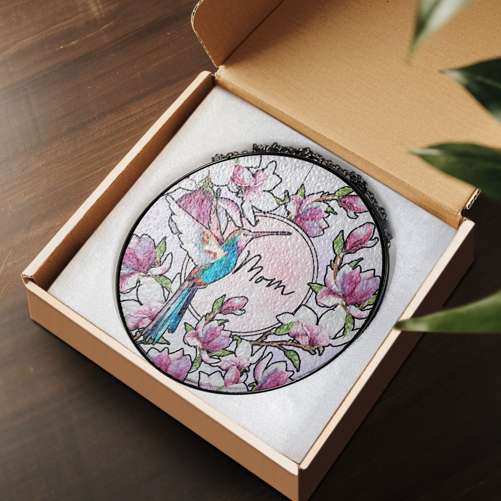 Custom Floral and Hummingbird Stained Glass Suncatcher Gift for Mom (Sun-15)