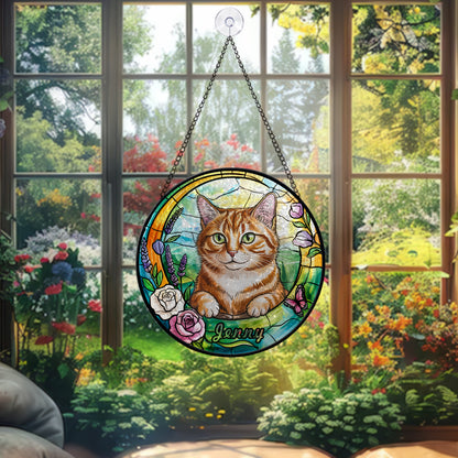 Custom Cat Portrait Glass Suncatcher – Personalized Pet Memorial or Gift for Cat Lovers – Floral Window Hanging with Pet Name (Sun-90)