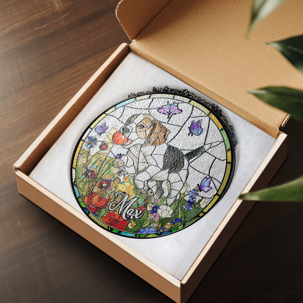Personalized Stained Glass Suncatcher with Pet Photo and Name – A Memorial Window Ornament for Dog or Cat Loss, Thoughtful Gift for Pet Lovers (Sun-28)