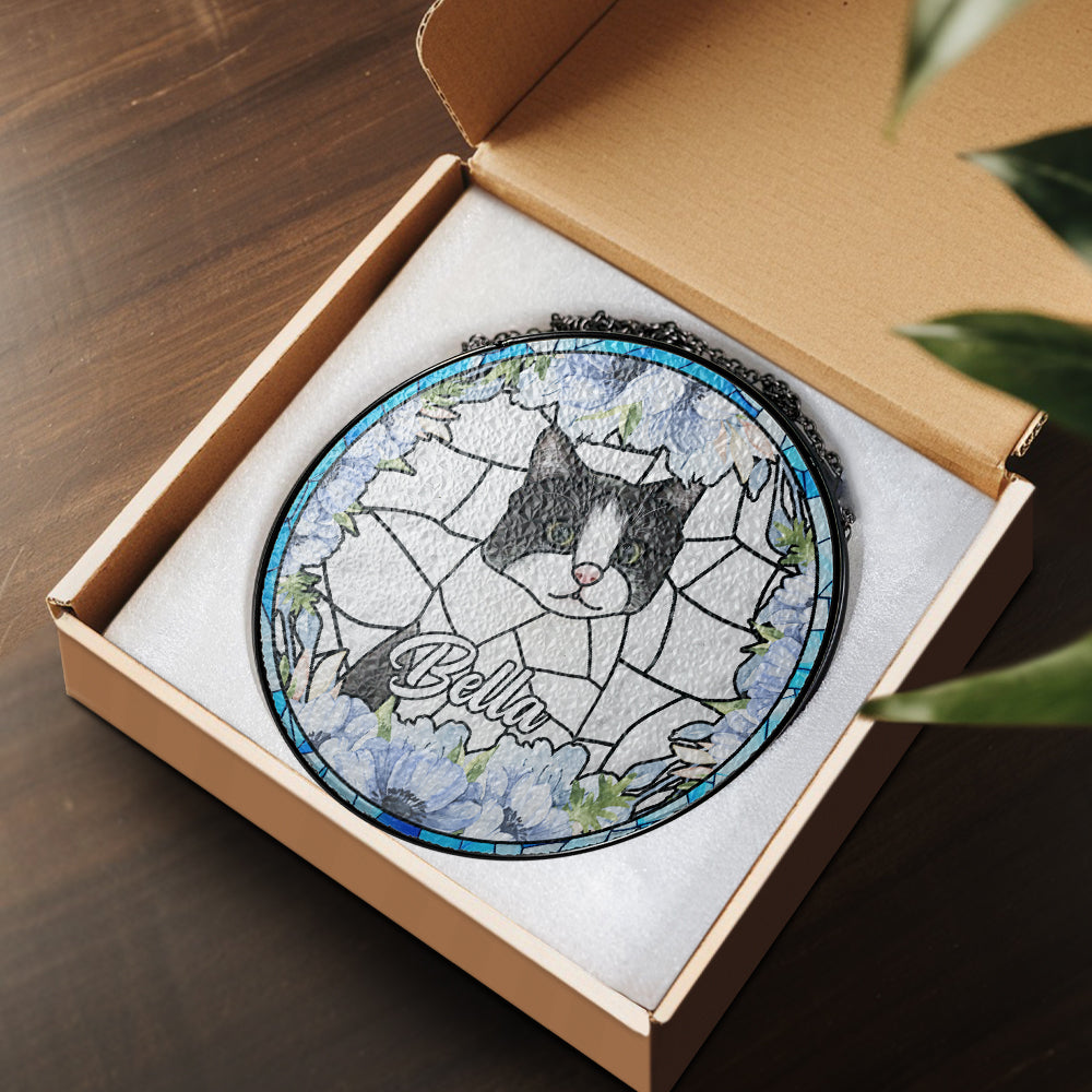 Personalized Glass Suncatcher Pet Portrait, Custom Stained Glass Memorial for Dogs & Cats (Sun-21)