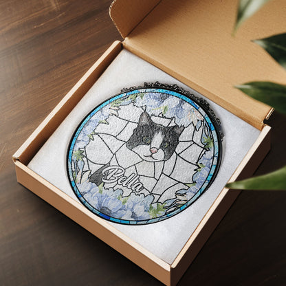 Personalized Glass Suncatcher Pet Portrait, Custom Stained Glass Memorial for Dogs & Cats (Sun-21)