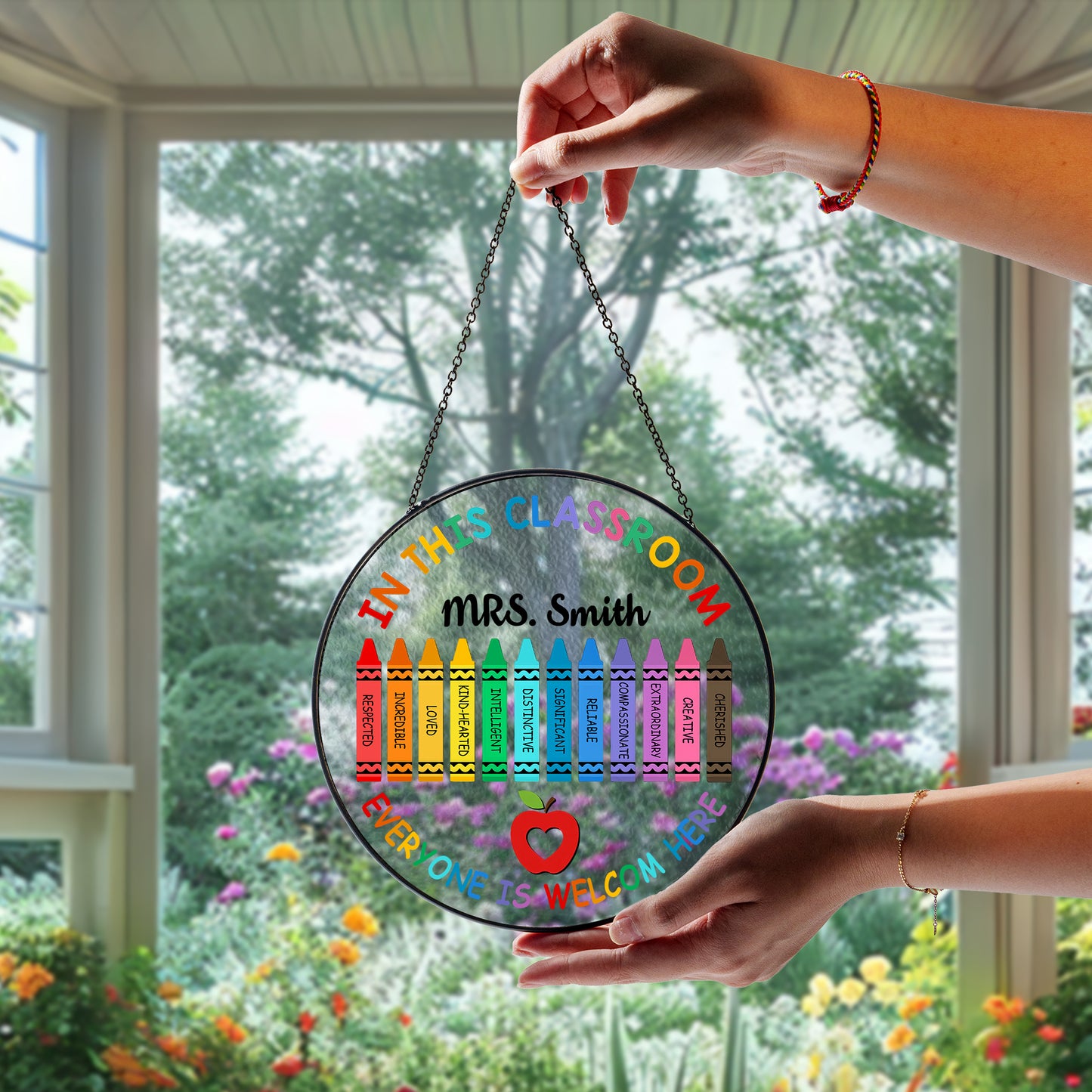 Custom Classroom Glass Suncatcher – Teacher Gift with Rainbow Crayons and Welcome Quote – Back to School Window Decoration (Sun-88)