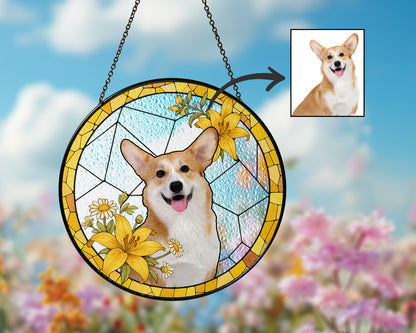 Custom Pet Glass Suncatcher – Personalized Dog Portrait with Yellow Lilies and Daisies – Stained Glass Style Window Hanging Gift (Sun-104)