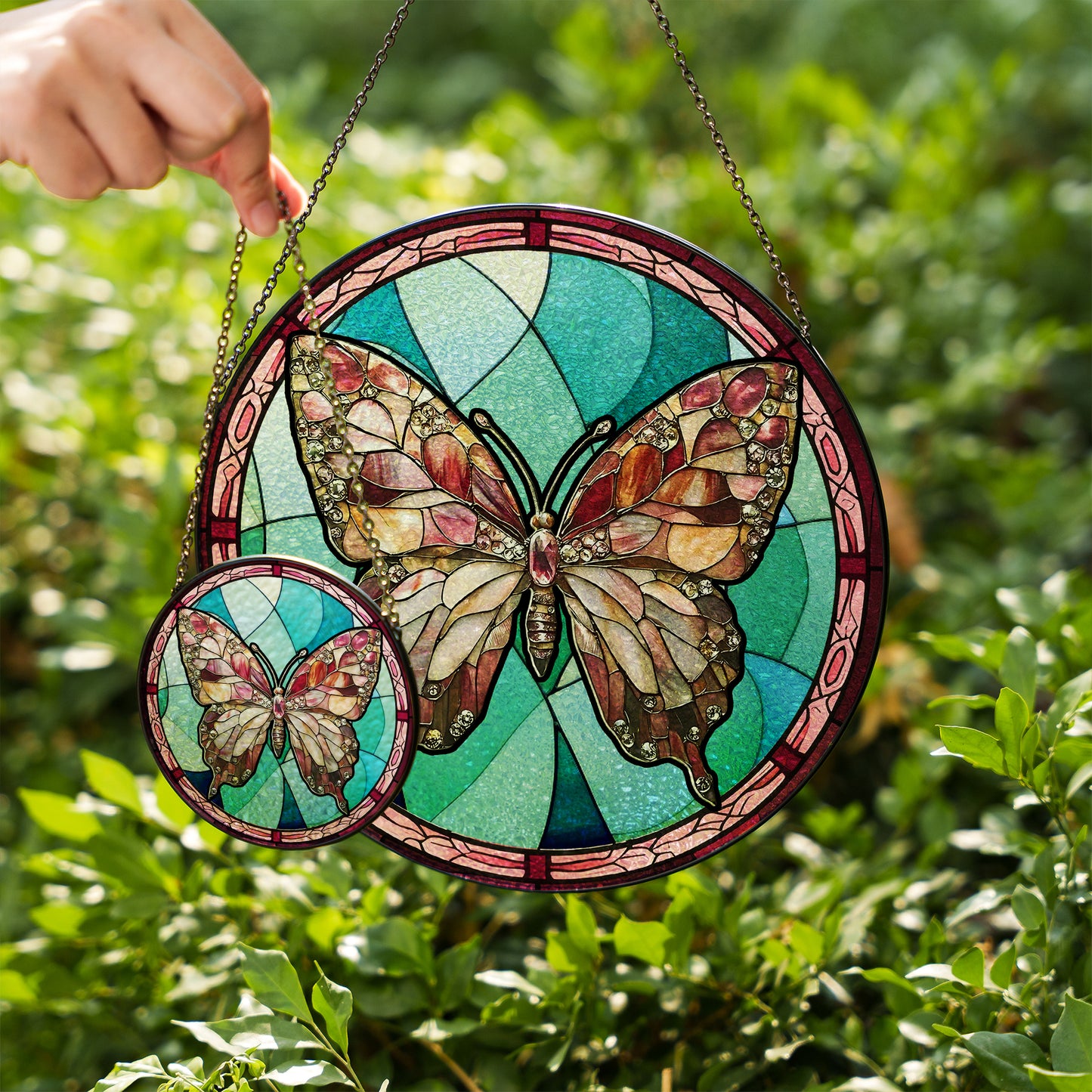 Handcrafted Glass Suncatcher with Butterfly Design – Pink & Jewel Tone Stained Glass Hanging – Window Decor for Spring or Summer (Sun-84)