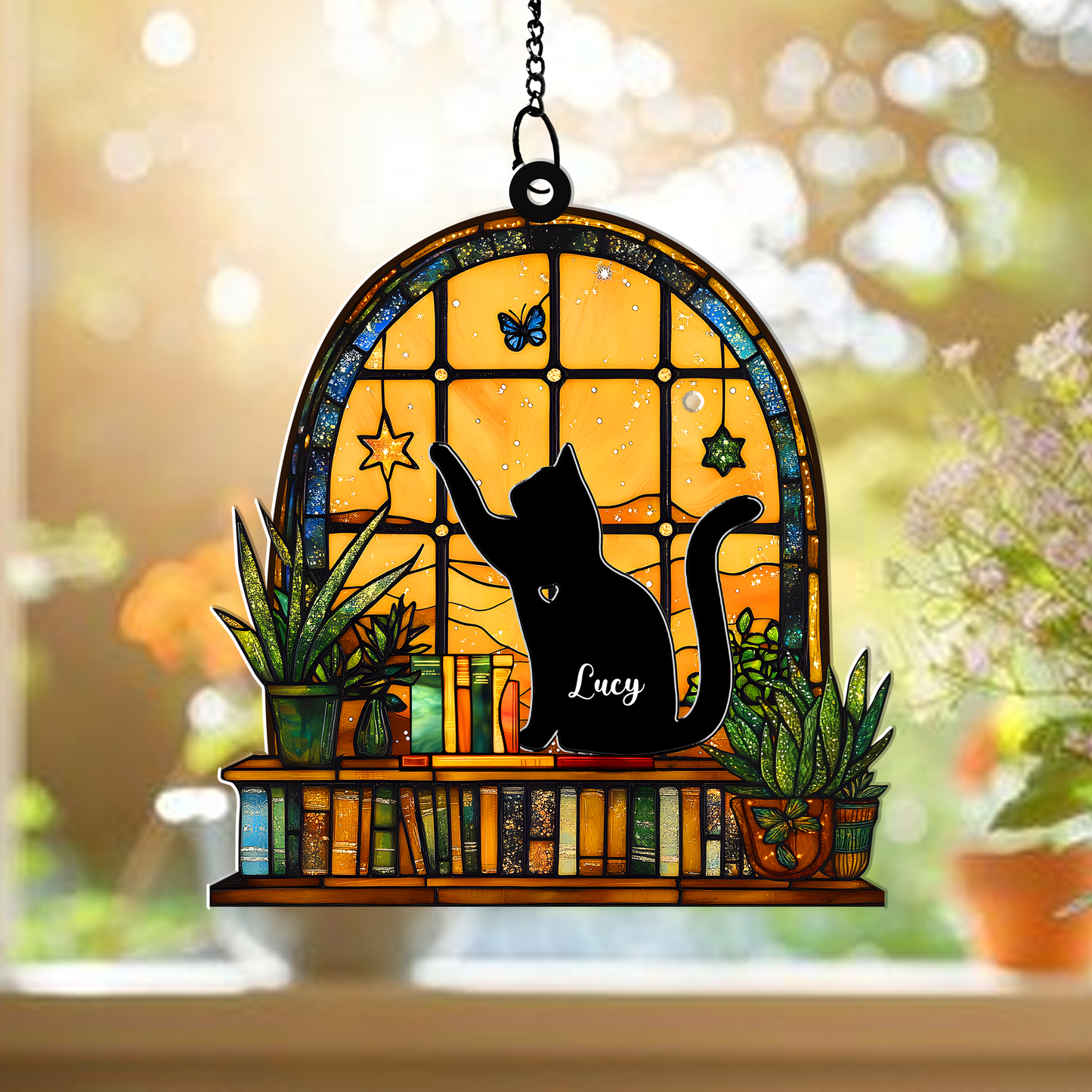 Personalized Cat Hanging Suncatcher – Custom Name Window Hanging Decor for Cat Lovers & Pet Memorial (H-Sun-20)