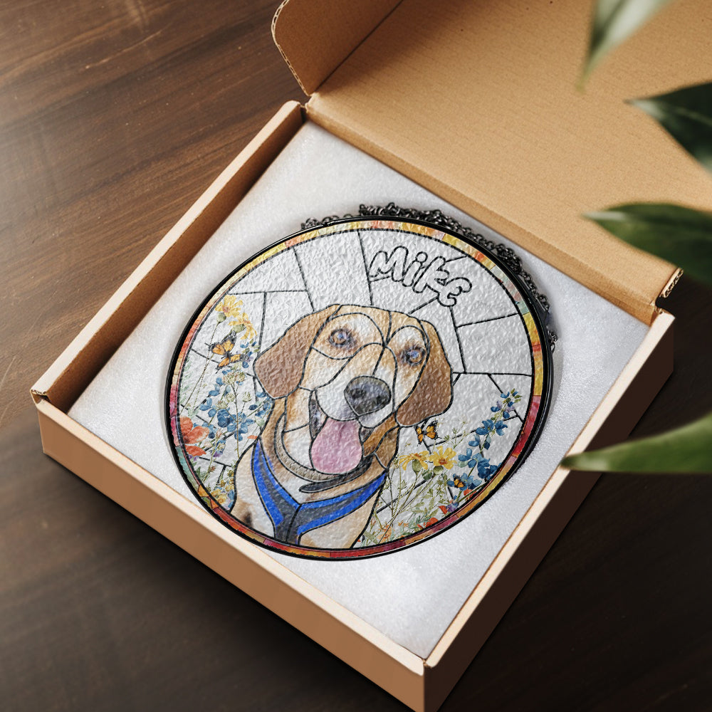 Unique Pet Memorial Glass Suncatcher – Custom Portrait Gift to Remember a Loyal Dog or Cherished Cat (Sun-32)