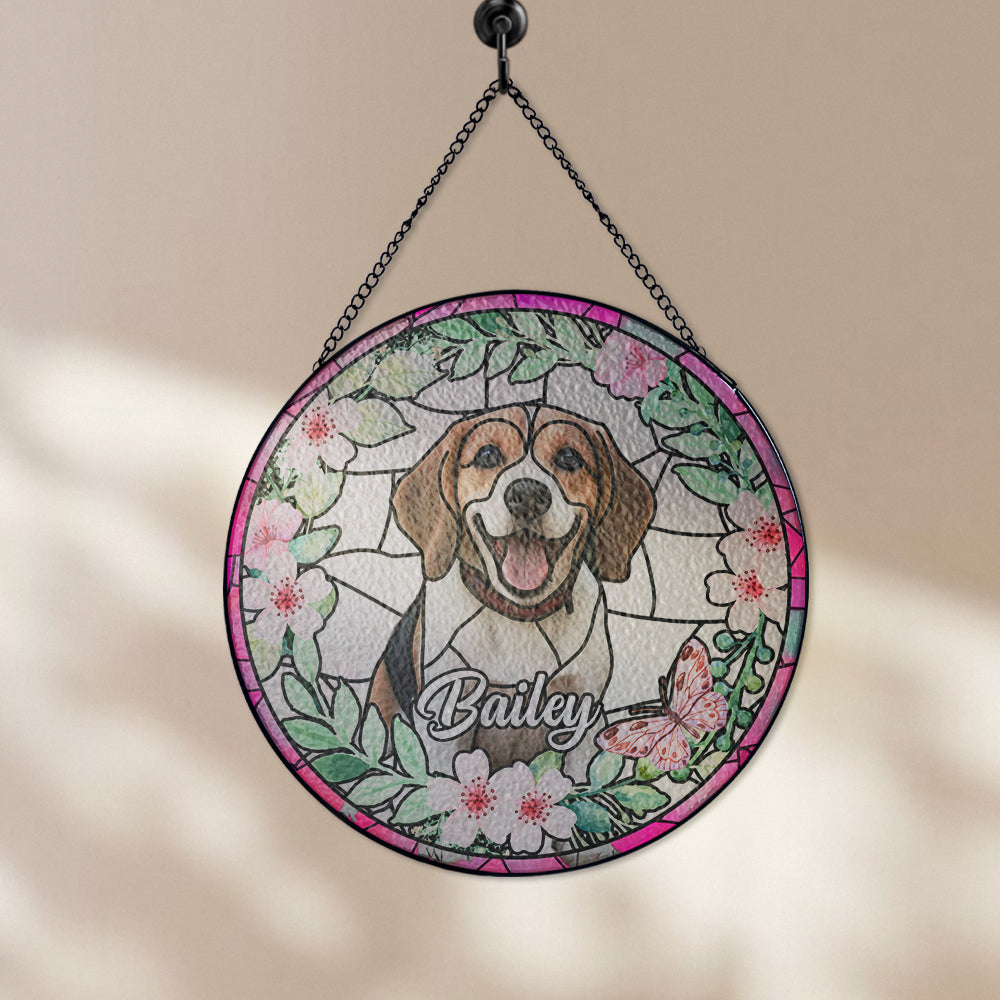 Personalized Glass Suncatcher Pet Portrait, Custom Stained Glass Memorial for Dogs & Cats (Sun-21)