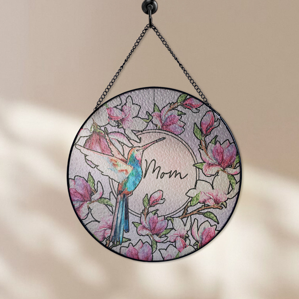 Custom Floral and Hummingbird Stained Glass Suncatcher Gift for Mom (Sun-15)