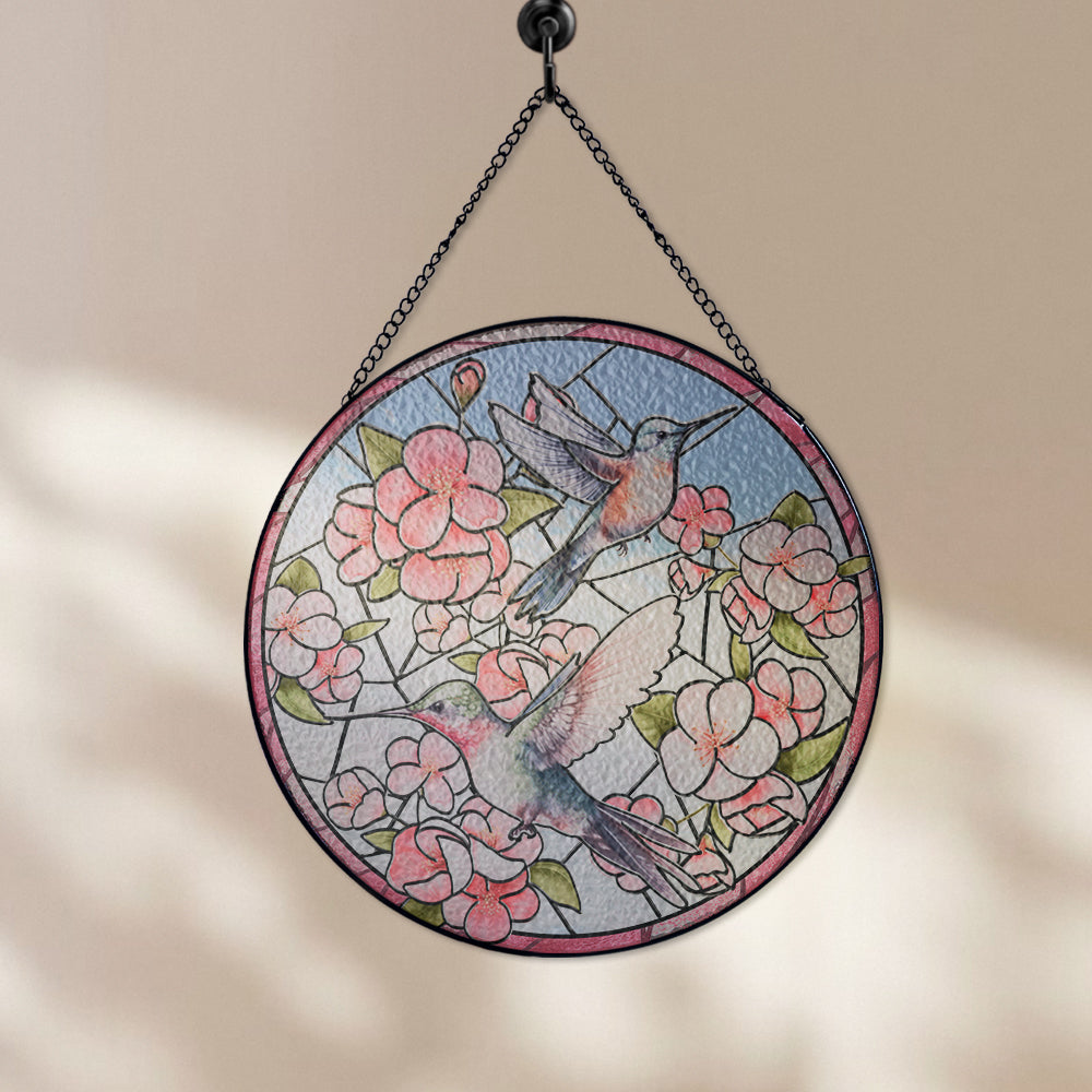 Custom Glass Suncatcher with Hummingbird Couple – A Romantic Window Hanging for Bird and Nature Lovers (Sun-30)