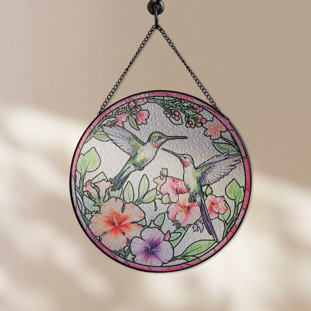 Custom Hummingbird Couple Glass Suncatcher, Elegant Window Decoration for Bird Lovers (Sun-22)