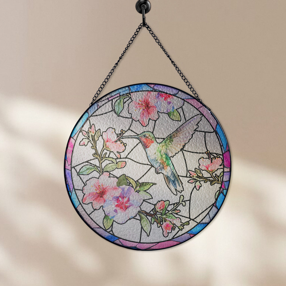 Custom Floral and Hummingbird Stained Glass Suncatcher for Window (Sun-14)