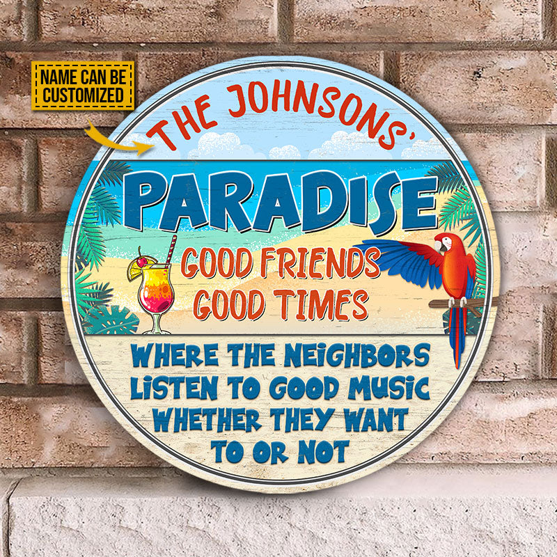 Beach Parrot Paradise Good Music, Beach House, Outdoor Bar Decor, Custom Wood Circle Sign