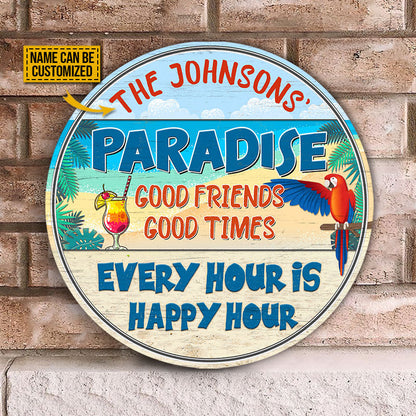 Beach Parrot Paradise Happy Hour, Beach House, Outdoor Bar Decor, Custom Wood Circle Sign