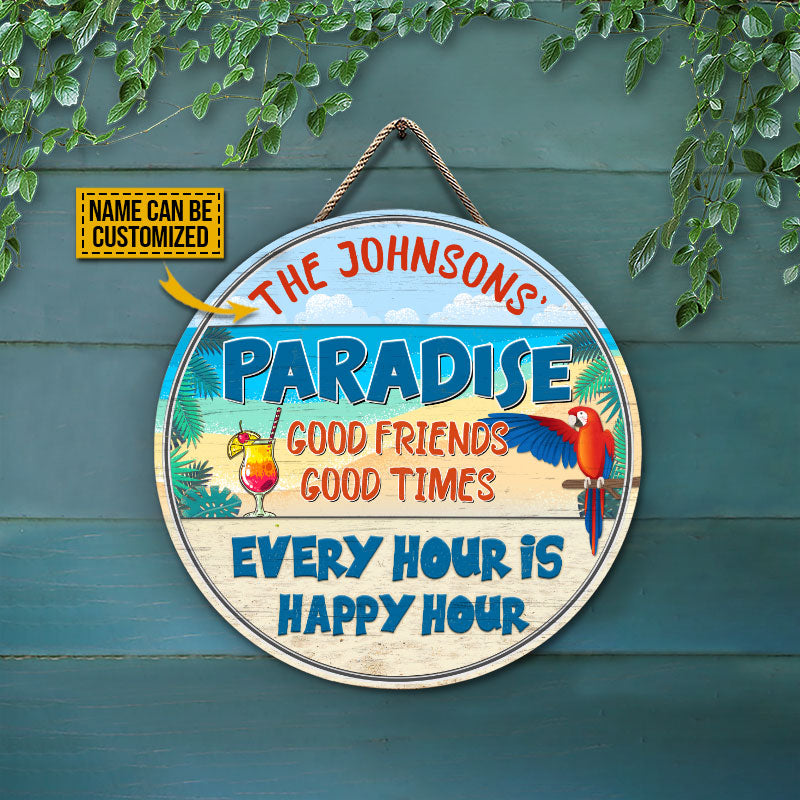 Beach Parrot Paradise Happy Hour, Beach House, Outdoor Bar Decor, Custom Wood Circle Sign