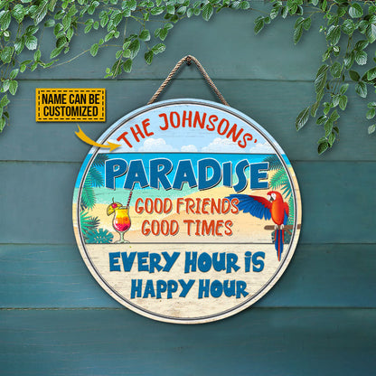 Beach Parrot Paradise Happy Hour, Beach House, Outdoor Bar Decor, Custom Wood Circle Sign