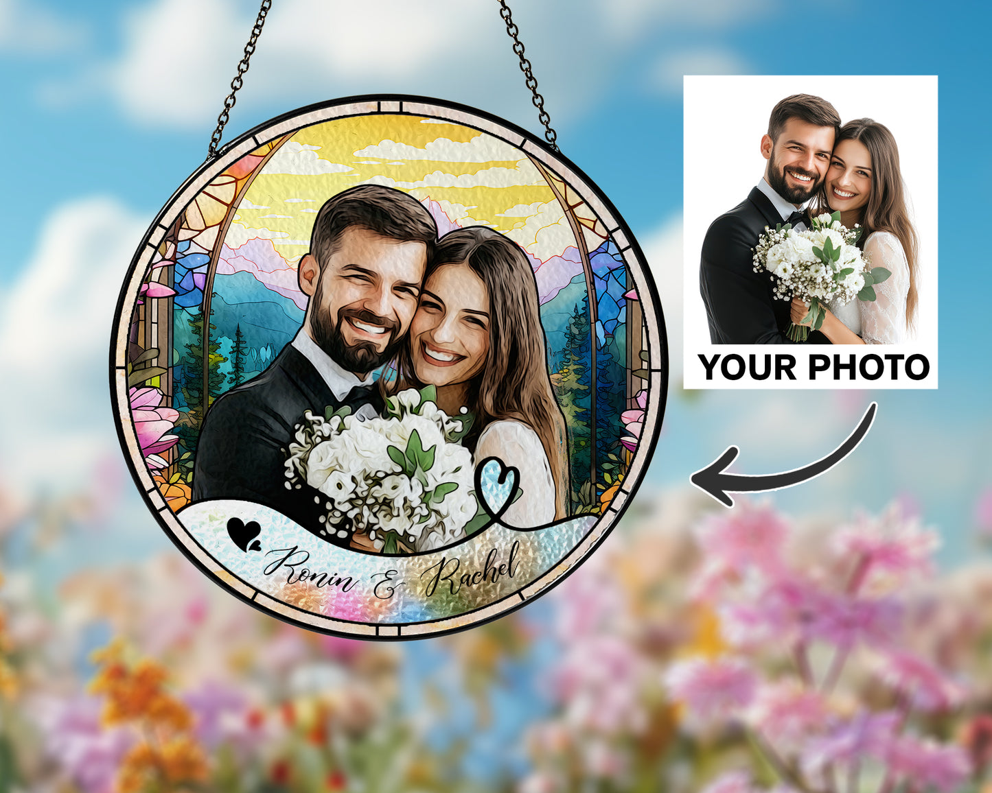 Wedding Photo Glass Suncatcher, Personalized Couple Portrait Ornament, Custom Bride and Groom Keepsake, Newlywed Gift Idea, Romantic Wedding Gift (Sun-111)