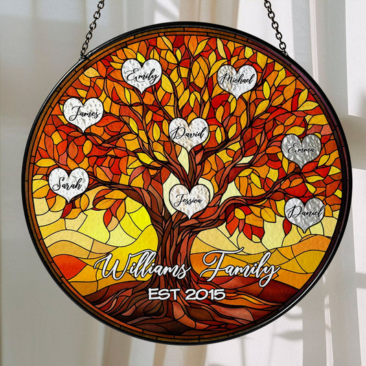 Custom Family Tree Glass Suncatcher – Personalized Stained Glass Style Window Hanging with Names & Established Year (Sun-109)
