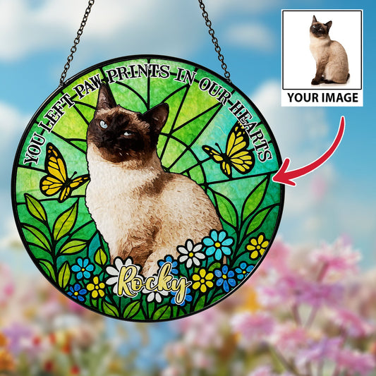 Personalized Pet Memorial Glass Suncatcher, Pet Loss Gift with Custom Name & Quote, "You Left Paw Prints In Our Hearts" Window Hanging (Sun-122)