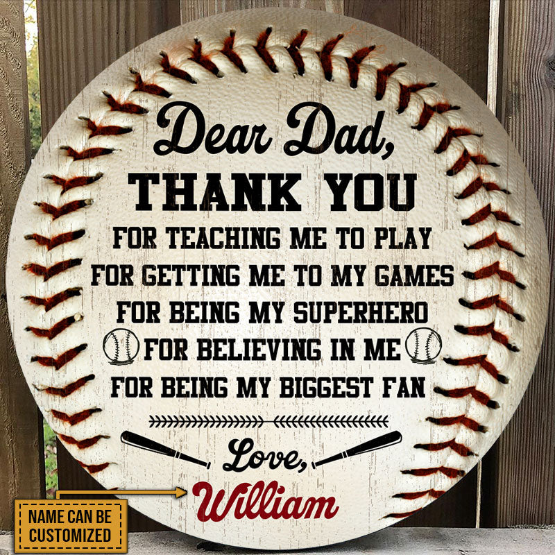 Personalized Baseball Thank You Dad Customized Wood Circle Sign