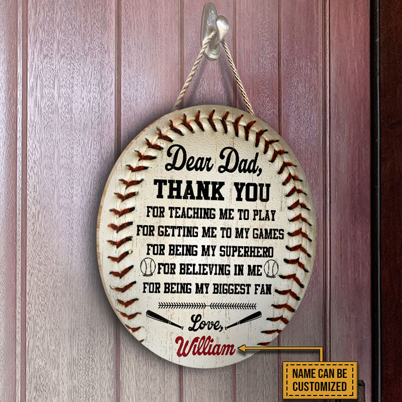 Personalized Baseball Thank You Dad Customized Wood Circle Sign