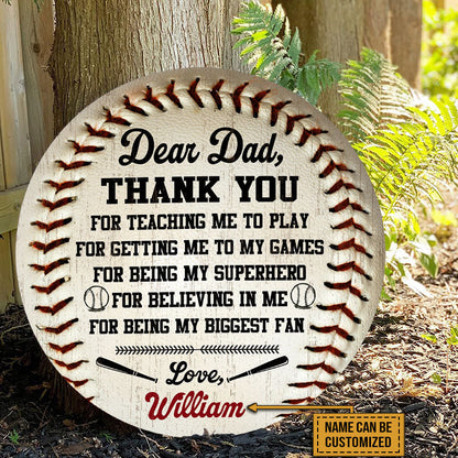 Personalized Baseball Thank You Dad Customized Wood Circle Sign