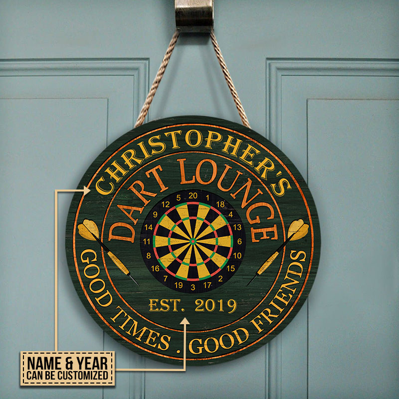 Personalized Darts Club Good Times Good Friends Custom Wood Circle Sign