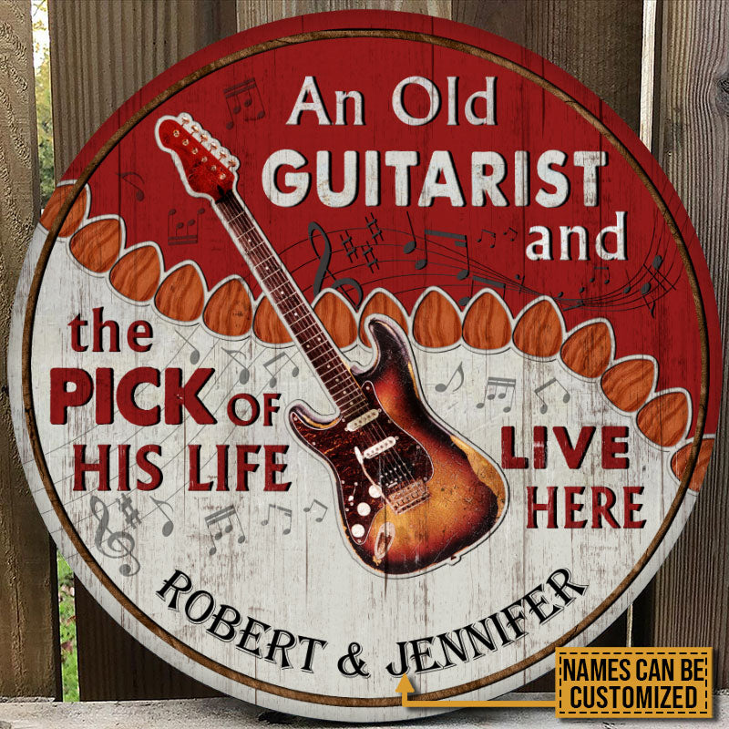 Personalized Guitar Old Couple Live Here Red Customized Wood Circle Sign