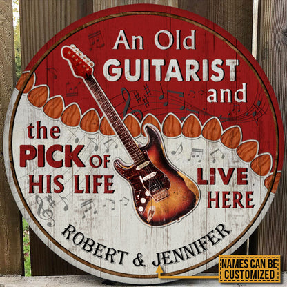 Personalized Guitar Old Couple Live Here Red Customized Wood Circle Sign