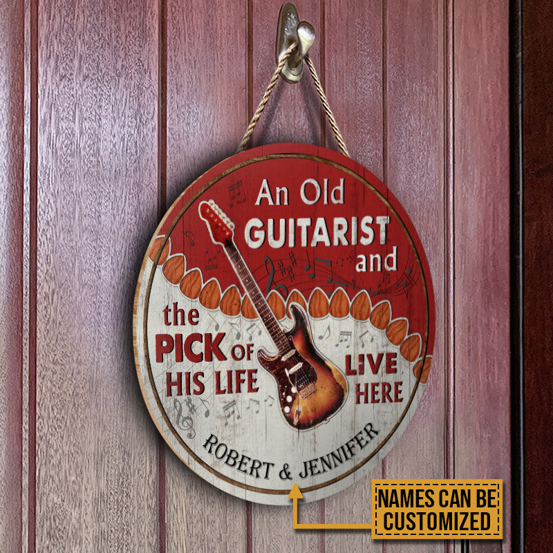 Personalized Guitar Old Couple Live Here Red Customized Wood Circle Sign