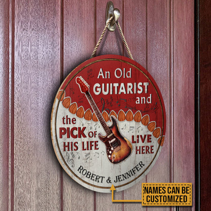 Personalized Guitar Old Couple Live Here Red Customized Wood Circle Sign