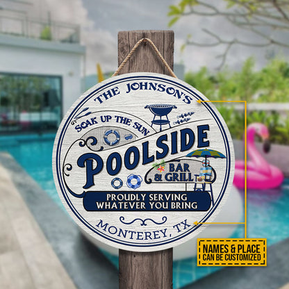 Personalized Pool Poolside Bar & Grill Custom Wood Circle Sign