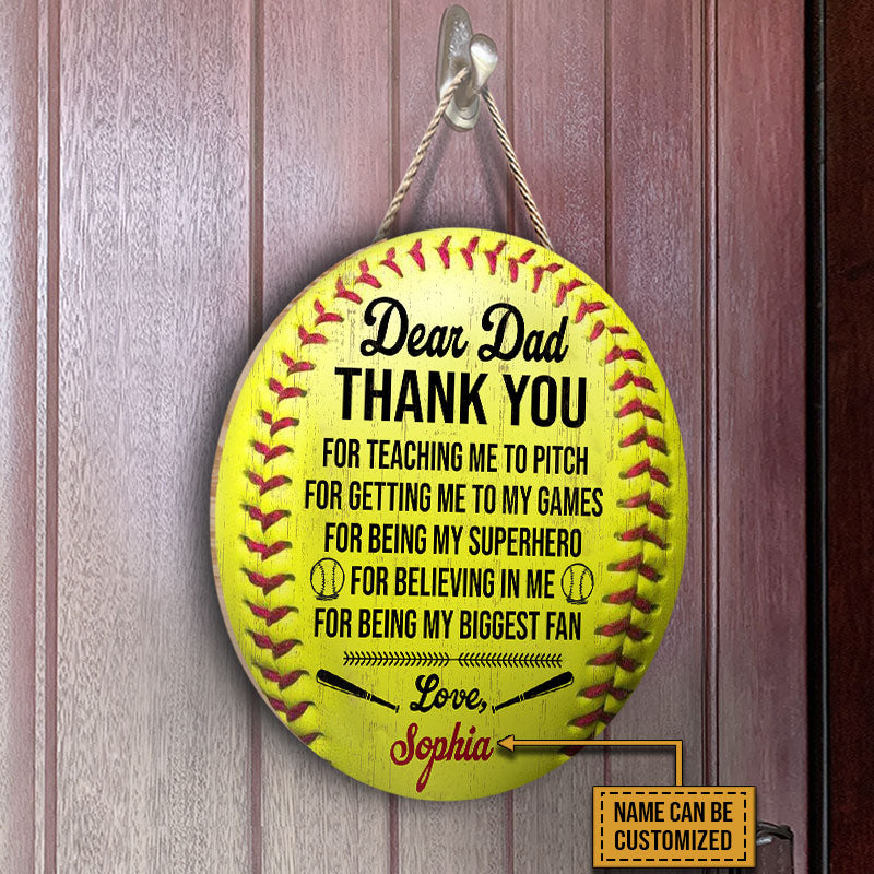 Personalized Softball Thank You Dad Customized Wood Circle Sign