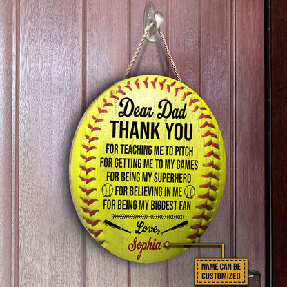 Personalized Softball Thank You Dad Customized Wood Circle Sign