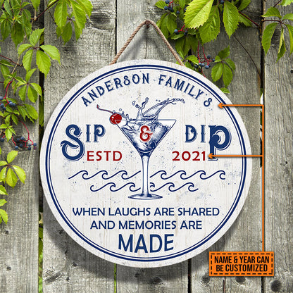 Personalized Swimming Pool Sip And Dip Customized Wood Circle Sign