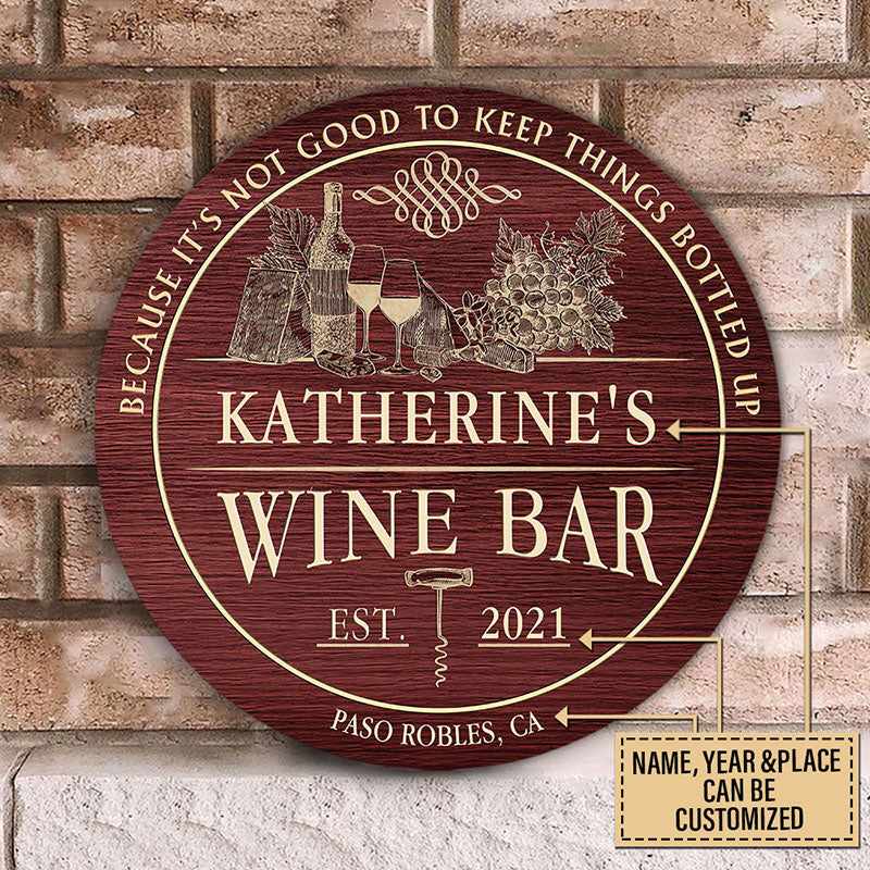 Personalized Wine Bar Bottled Up Customized Wood Circle Sign