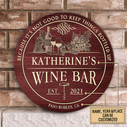 Personalized Wine Bar Bottled Up Customized Wood Circle Sign