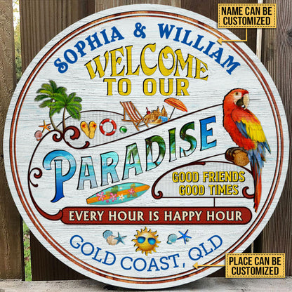 Personalized Beach Surfing Our Paradise Customized Wood Circle Sign