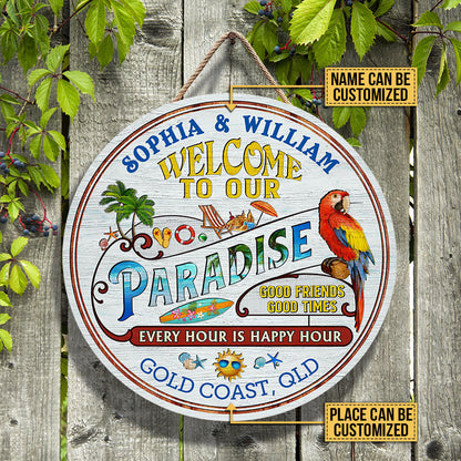 Personalized Beach Surfing Our Paradise Customized Wood Circle Sign