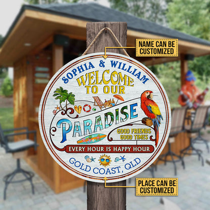 Personalized Beach Surfing Our Paradise Customized Wood Circle Sign