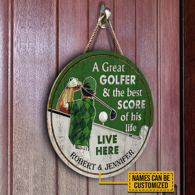 Personalized Golf Green Couple Golfer Best Score Live Customized Wood Circle Sign