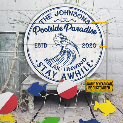 Personalized Swimming Poolside Paradise Customized Wood Circle Sign