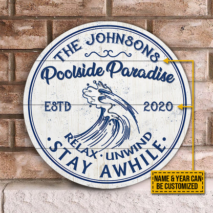 Personalized Swimming Poolside Paradise Customized Wood Circle Sign