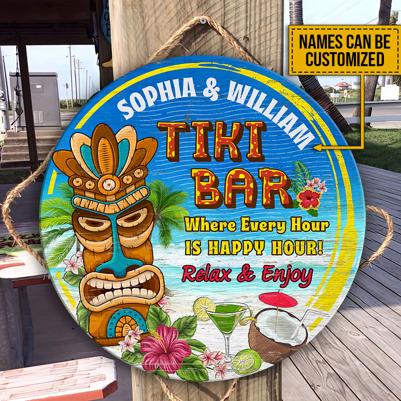 Personalized Tiki Bar Happy Hour Customized Wood Circle Sign