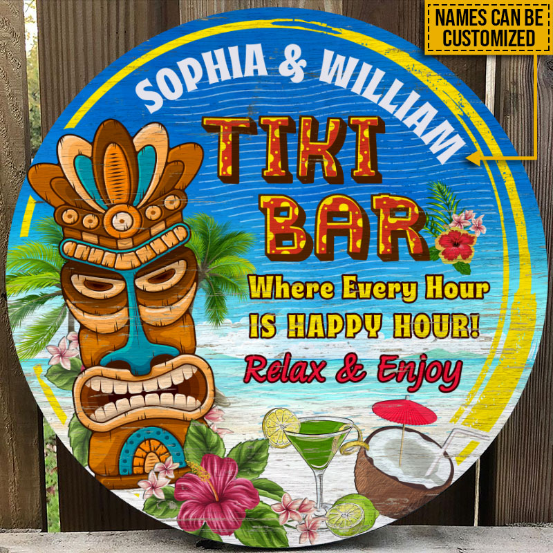 Personalized Tiki Bar Happy Hour Customized Wood Circle Sign
